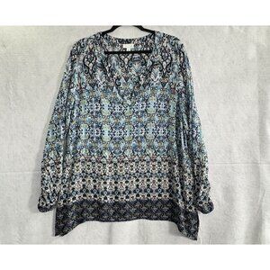 J JILL Women Blouse Long Sleeve V Neck Pullover Long Sleeve Sz XL Blue boho 24-8